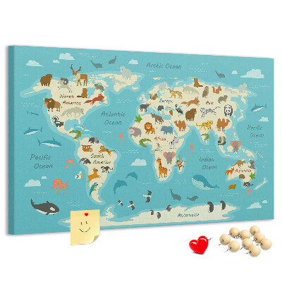 Cork memo board Animal world map