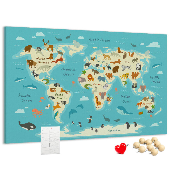 Cork memo board Animal world map