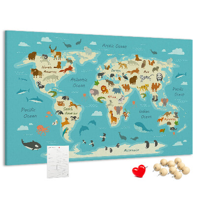 Cork memo board Animal world map