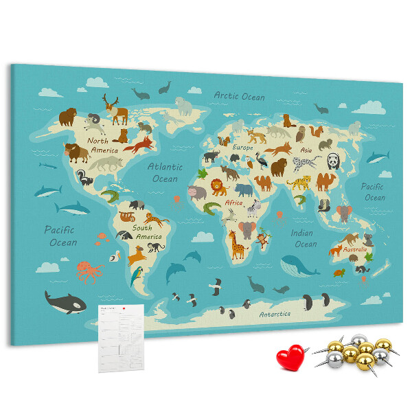 Cork memo board Animal world map