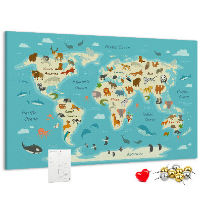 Cork memo board Animal world map
