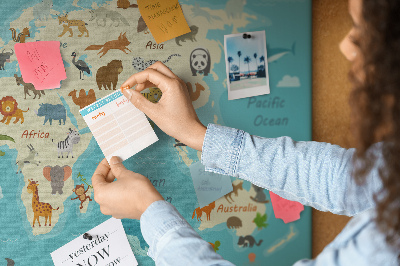 Cork memo board Animal world map