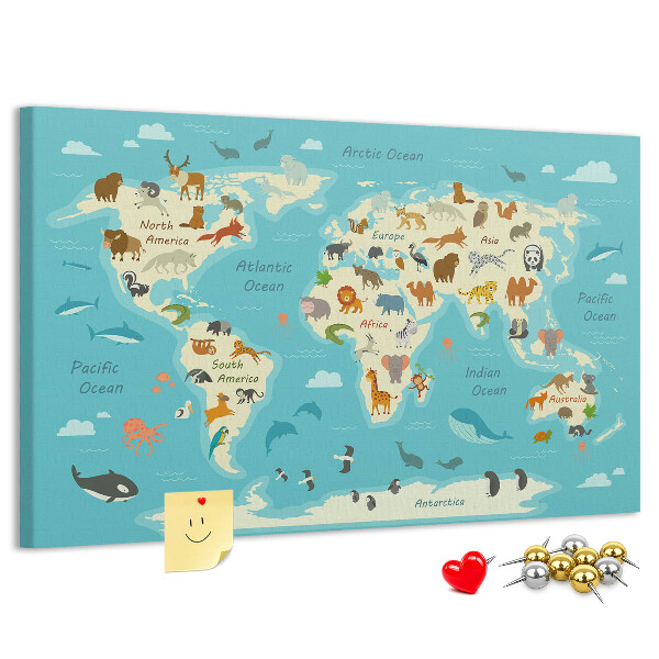 Cork memo board Animal world map