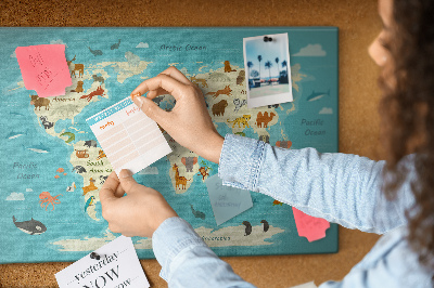 Cork memo board Animal world map