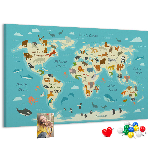 Cork memo board Animal world map