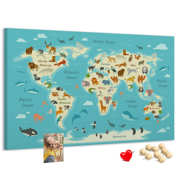 Cork memo board Animal world map