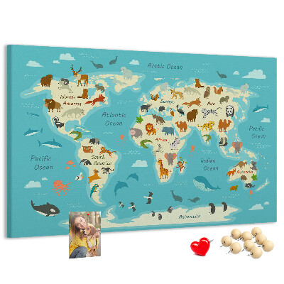 Cork memo board Animal world map