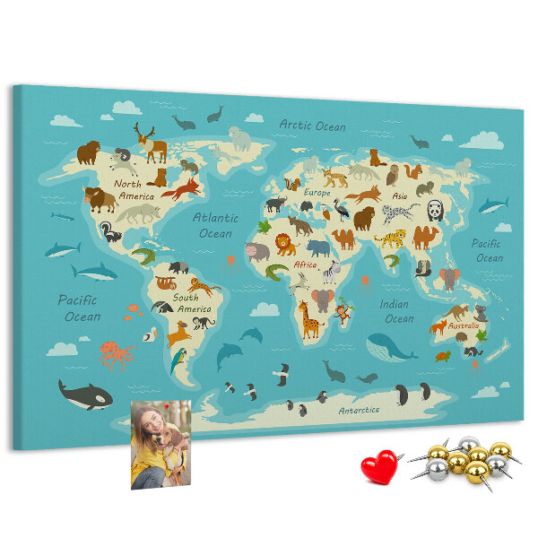 Cork memo board Animal world map