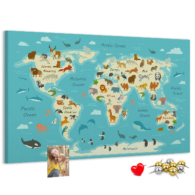 Cork memo board Animal world map