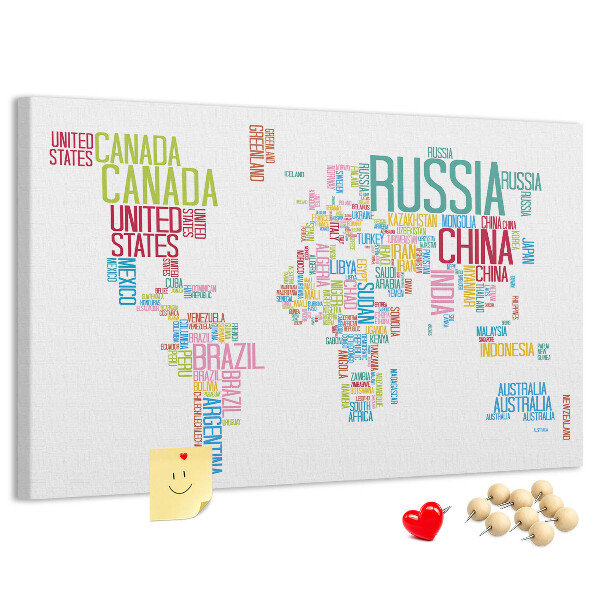 Cork memo board Map of country names