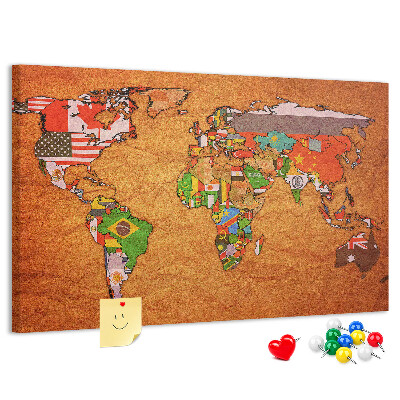 Cork memo board World Map with flags
