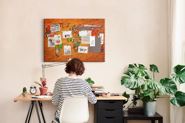 Cork memo board World Map with flags