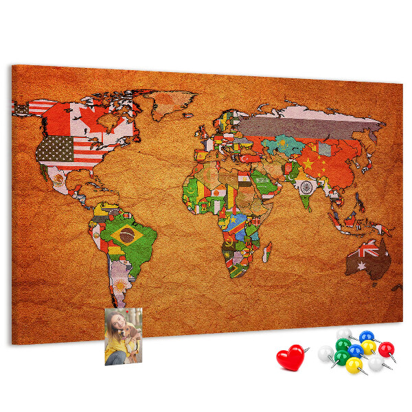 Cork memo board World Map with flags