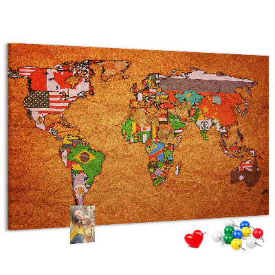 Cork memo board World Map with flags