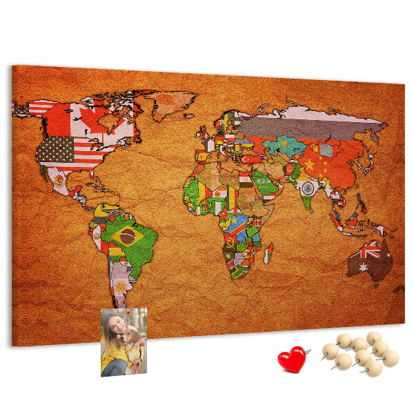 Cork memo board World Map with flags