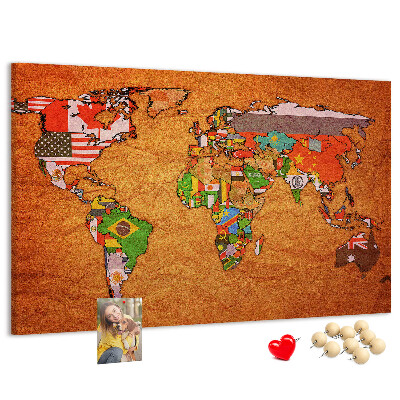 Cork memo board World Map with flags