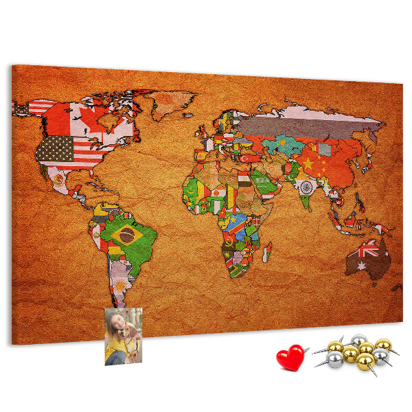 Cork memo board World Map with flags