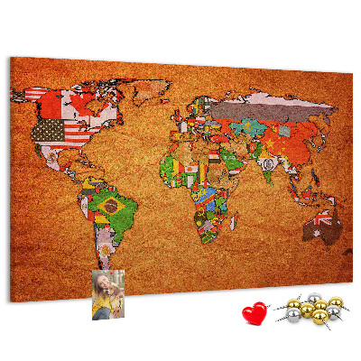 Cork memo board World Map with flags