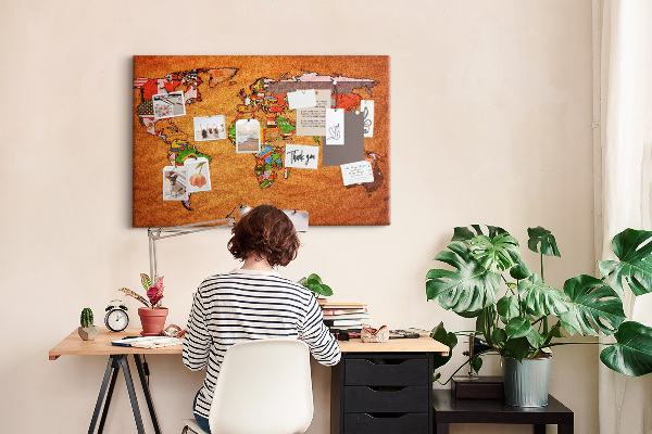 Cork memo board World Map with flags