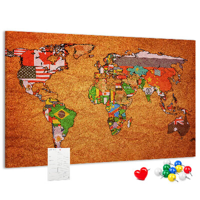Cork memo board World Map with flags