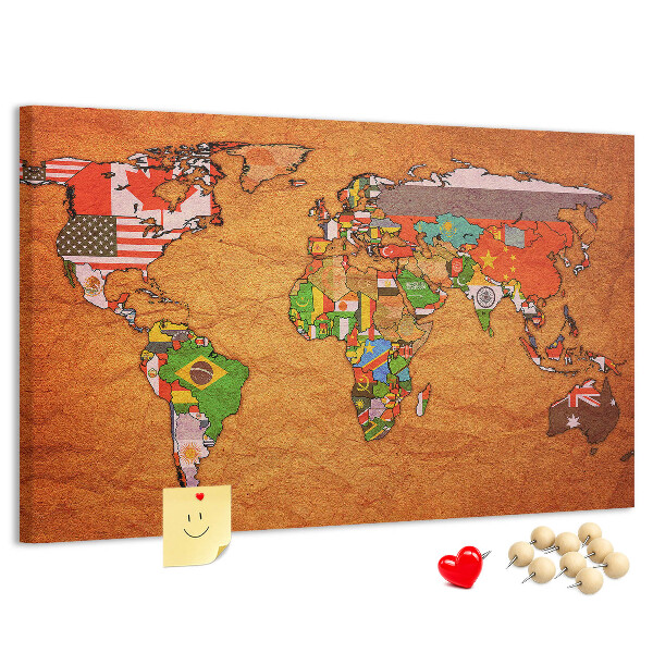 Cork memo board World Map with flags