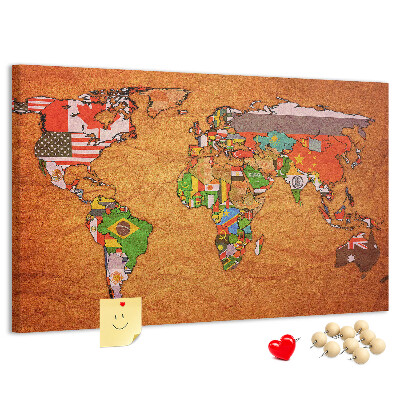 Cork memo board World Map with flags