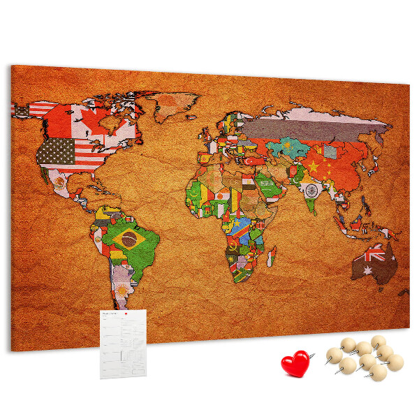 Cork memo board World Map with flags
