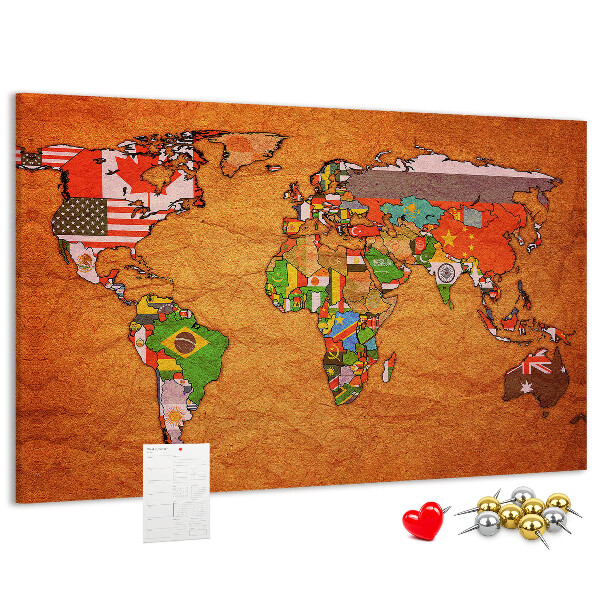 Cork memo board World Map with flags