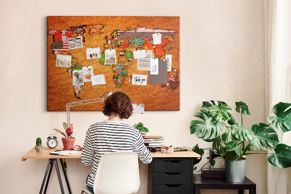 Cork memo board World Map with flags