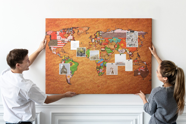 Cork memo board World Map with flags