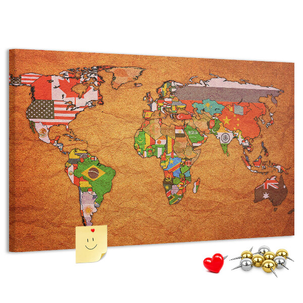 Cork memo board World Map with flags