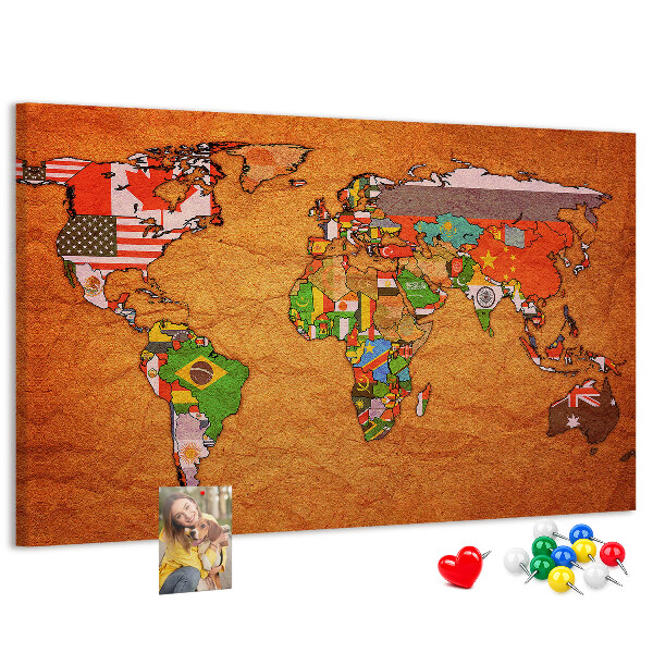 Cork memo board World Map with flags