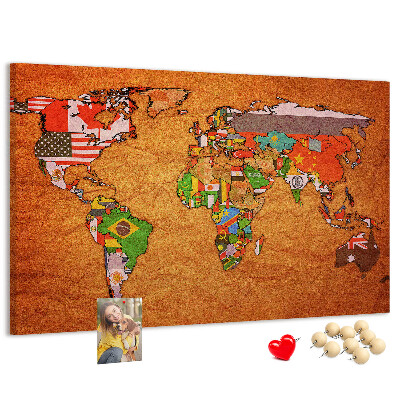 Cork memo board World Map with flags