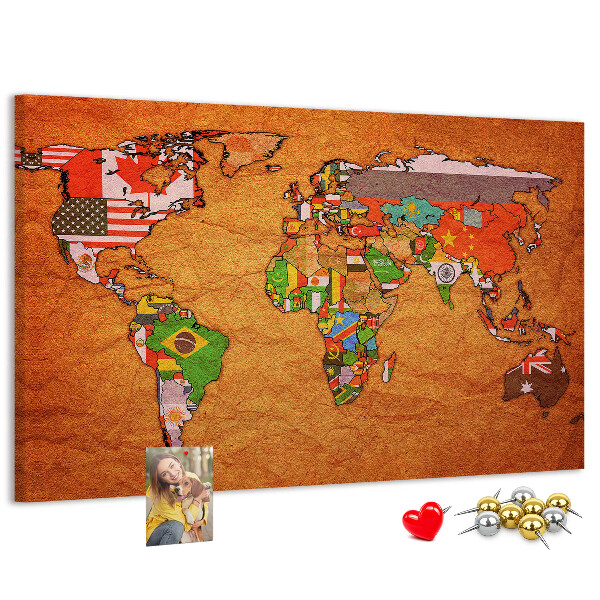 Cork memo board World Map with flags