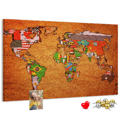 Cork memo board World Map with flags