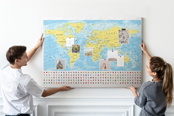 Cork display board World map and flags