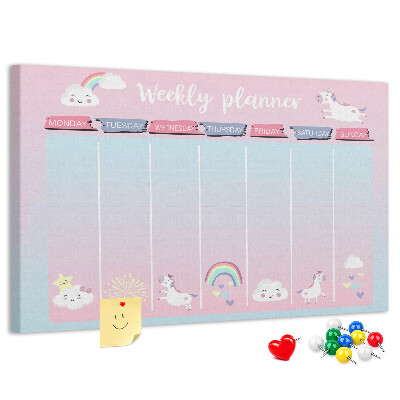 Cork memo board Unicorns weekly planner