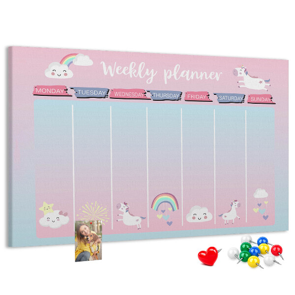 Cork memo board Unicorns weekly planner