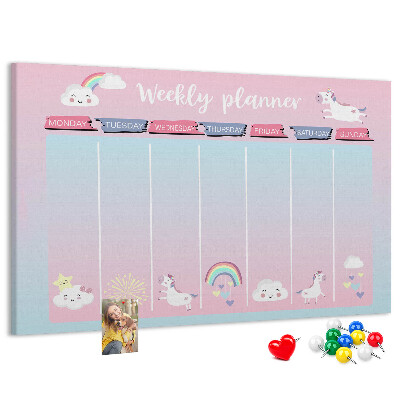 Cork memo board Unicorns weekly planner