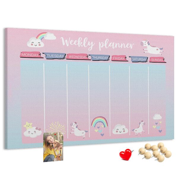 Cork memo board Unicorns weekly planner