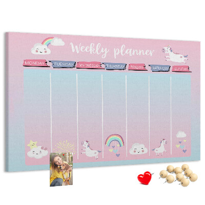Cork memo board Unicorns weekly planner