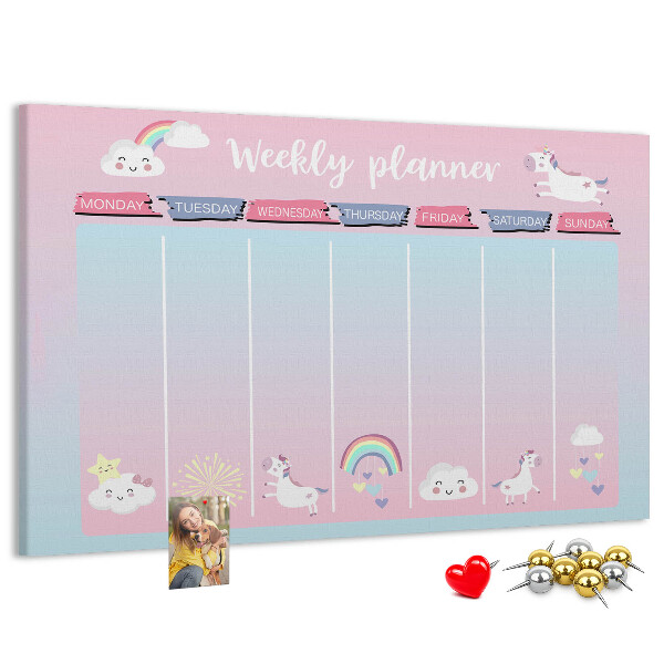 Cork memo board Unicorns weekly planner
