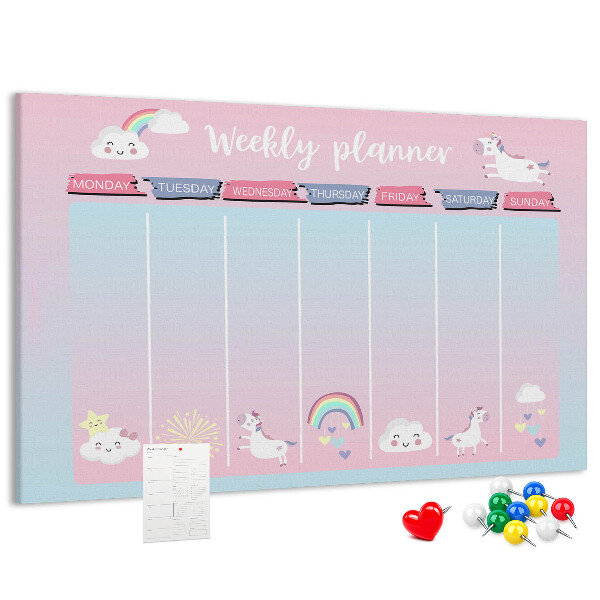 Cork memo board Unicorns weekly planner
