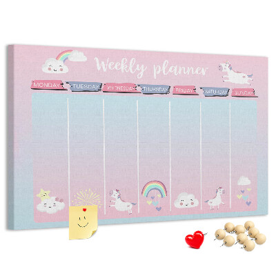 Cork memo board Unicorns weekly planner