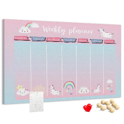 Cork memo board Unicorns weekly planner