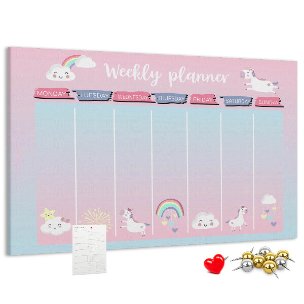 Cork memo board Unicorns weekly planner