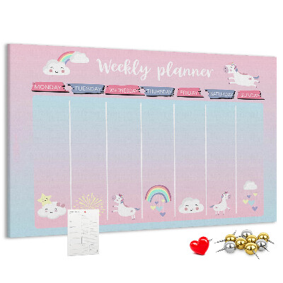 Cork memo board Unicorns weekly planner