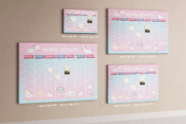 Cork memo board Unicorns weekly planner