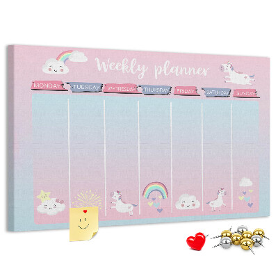 Cork memo board Unicorns weekly planner