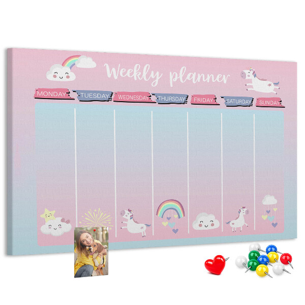Cork memo board Unicorns weekly planner